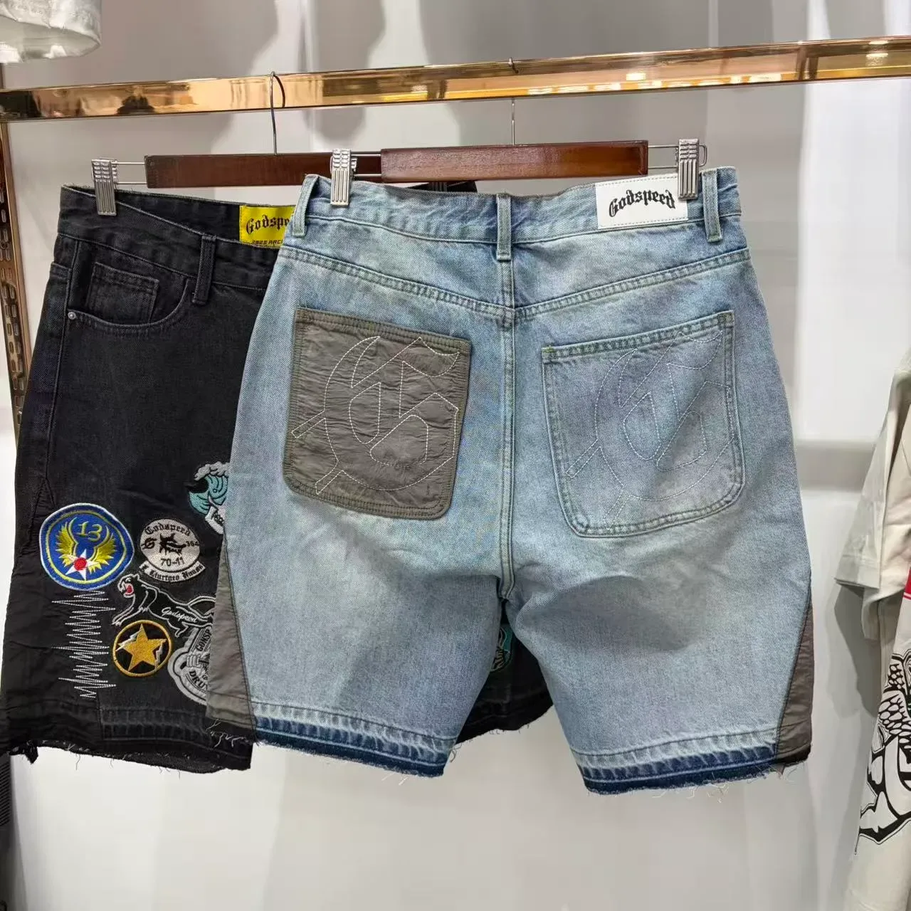 Godspeed Patchwork Embroidered Distressed Denim Shorts 4