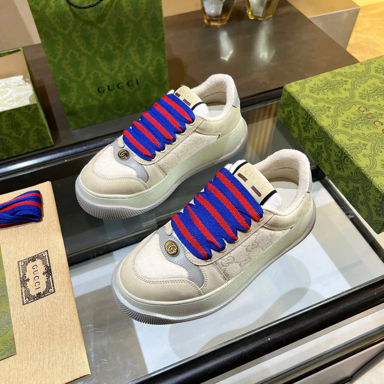 Gucci Ace Beige Multicolor GG Monogram Canvas Interlocking G Hardware Lifestyle Sneakers 6