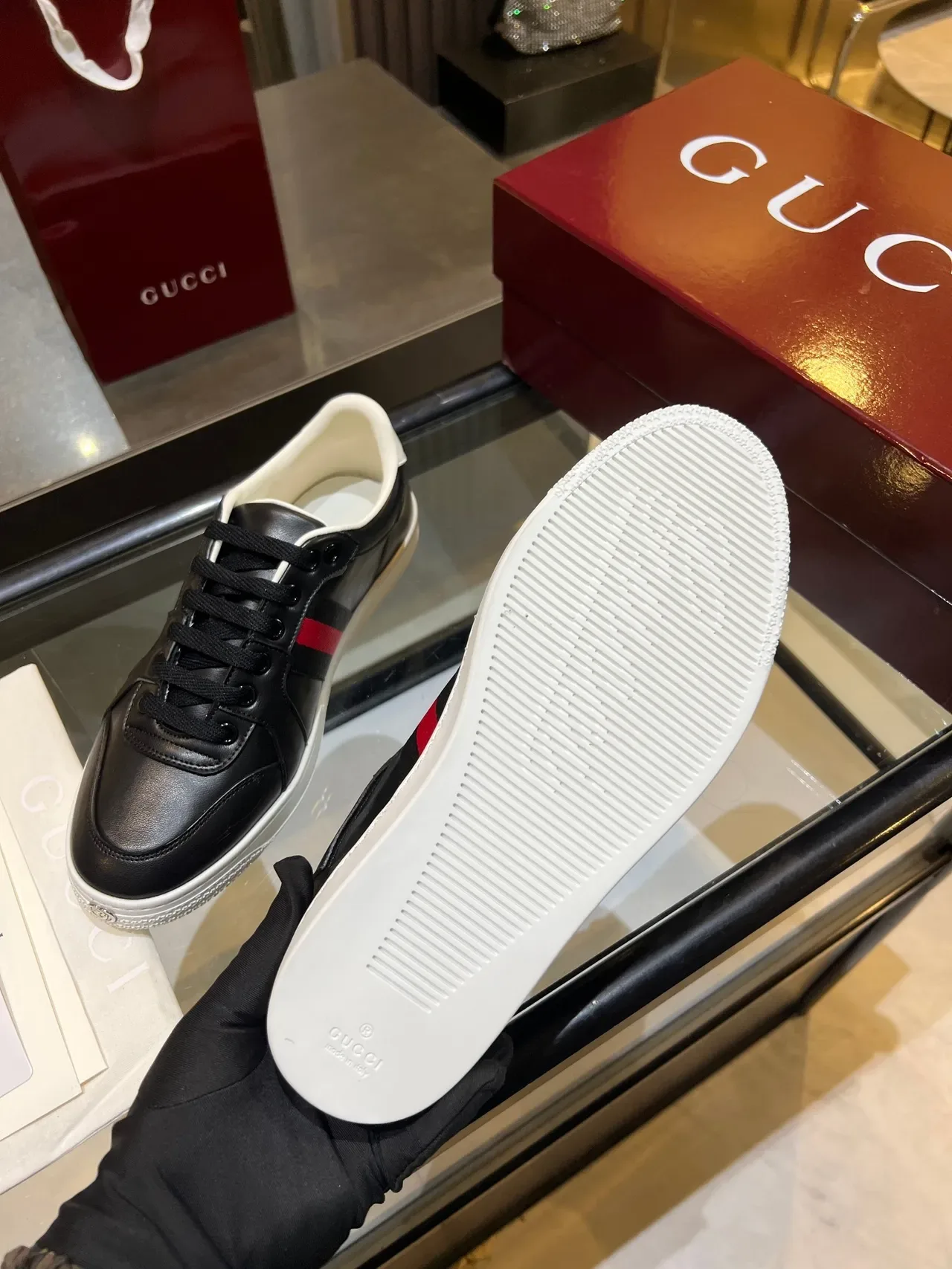 Gucci Ace Black and Red Web Stripe Lifestyle Sneakers 3