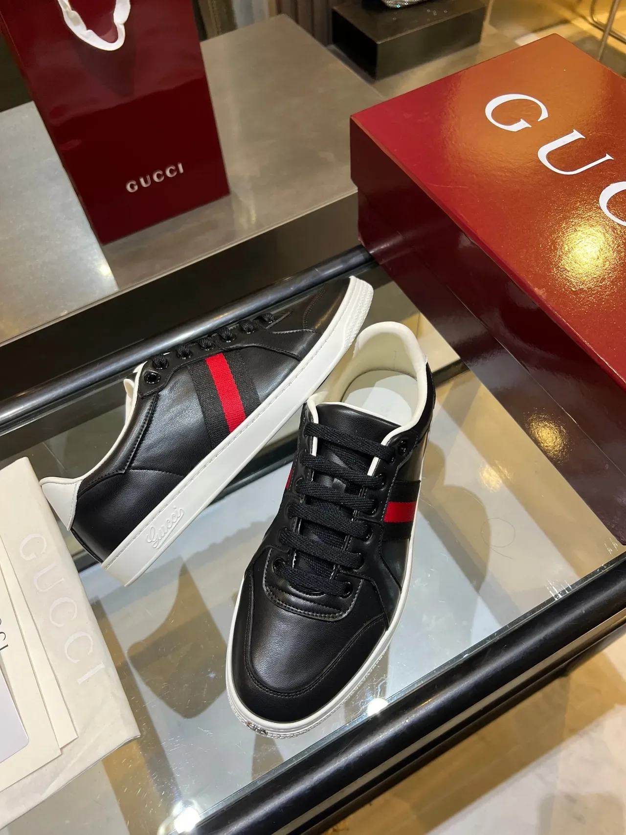 Gucci Ace Black and Red Web Stripe Lifestyle Sneakers 4