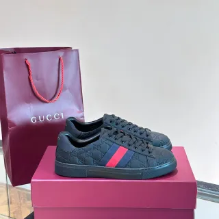 Gucci Ace Black Red GG Monogram Embossed Leather Web Stripe Detail Lifestyle Sneakers