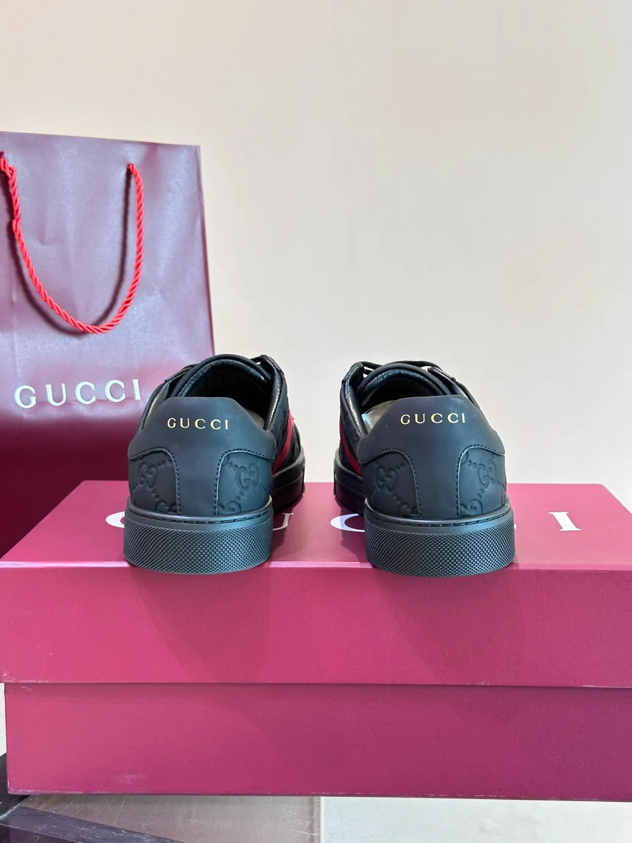 Gucci Ace Black Red GG Monogram Embossed Leather Web Stripe Detail Lifestyle Sneakers 3
