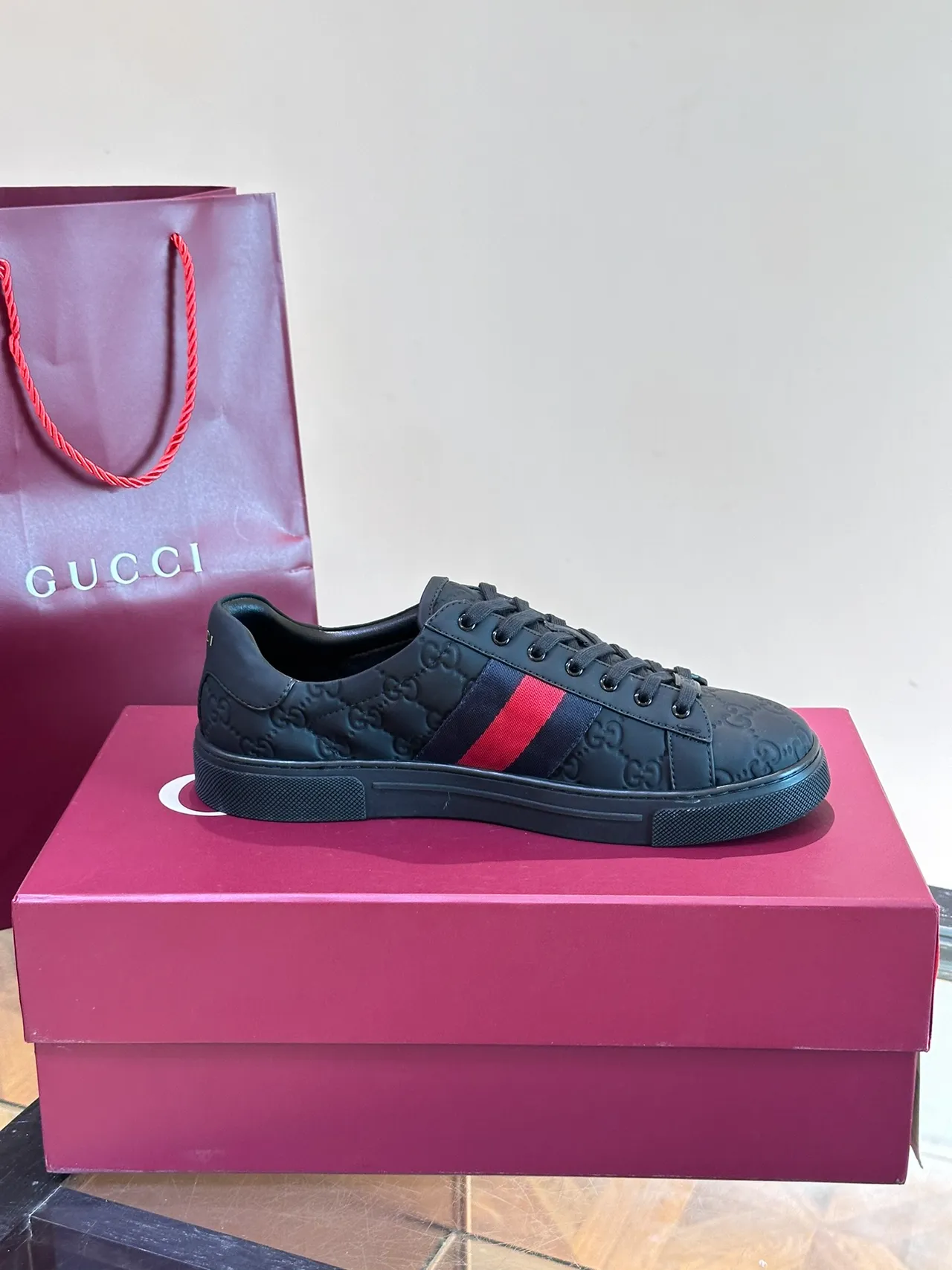 Gucci Ace Black Red GG Monogram Embossed Leather Web Stripe Detail Lifestyle Sneakers 4