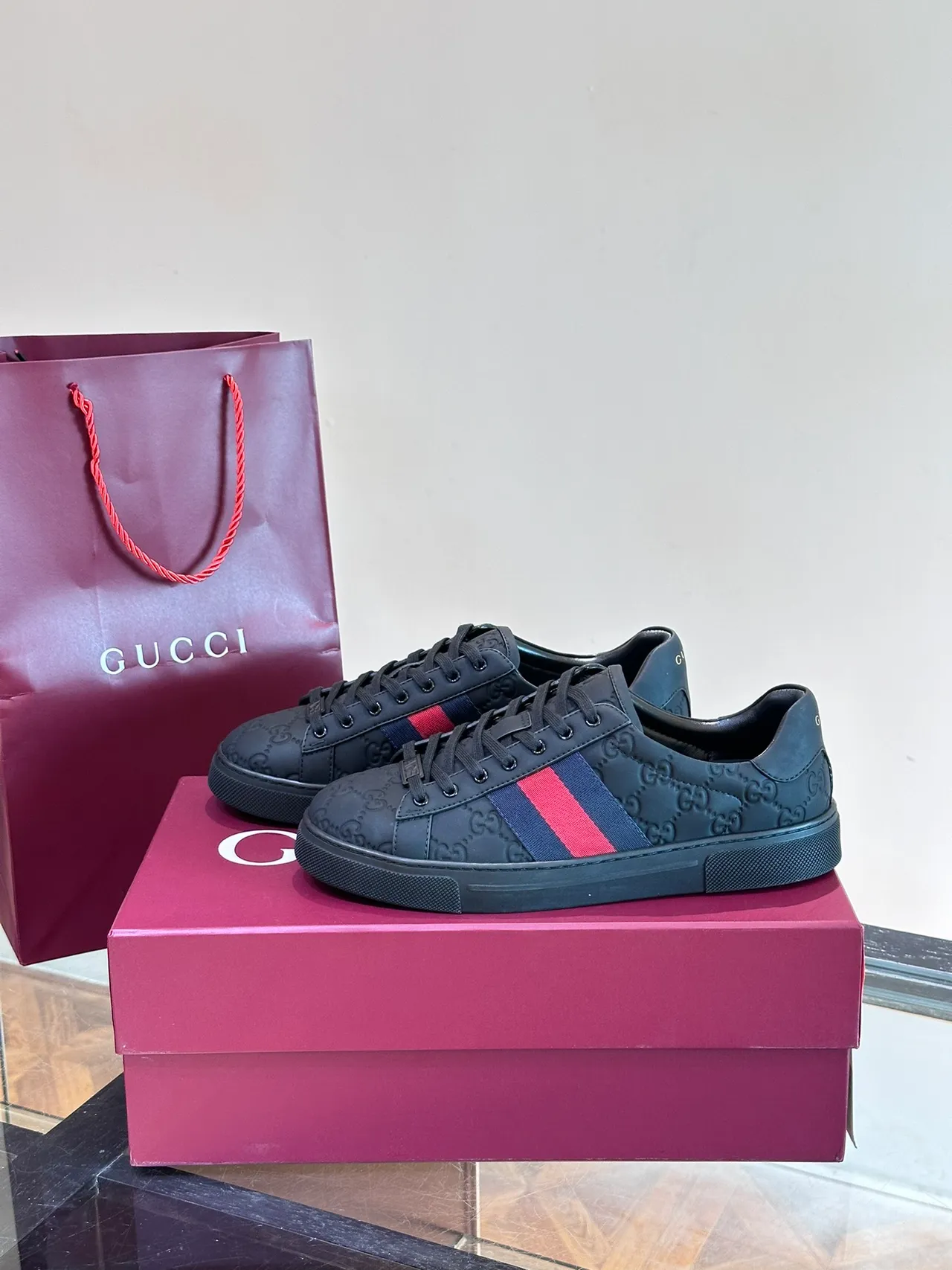 Gucci Ace Black Red GG Monogram Embossed Leather Web Stripe Detail Lifestyle Sneakers 5