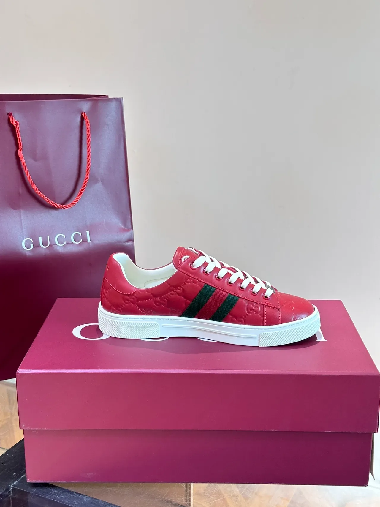 Gucci Ace Red Leather Web Stripe Lifestyle Sneakers 4