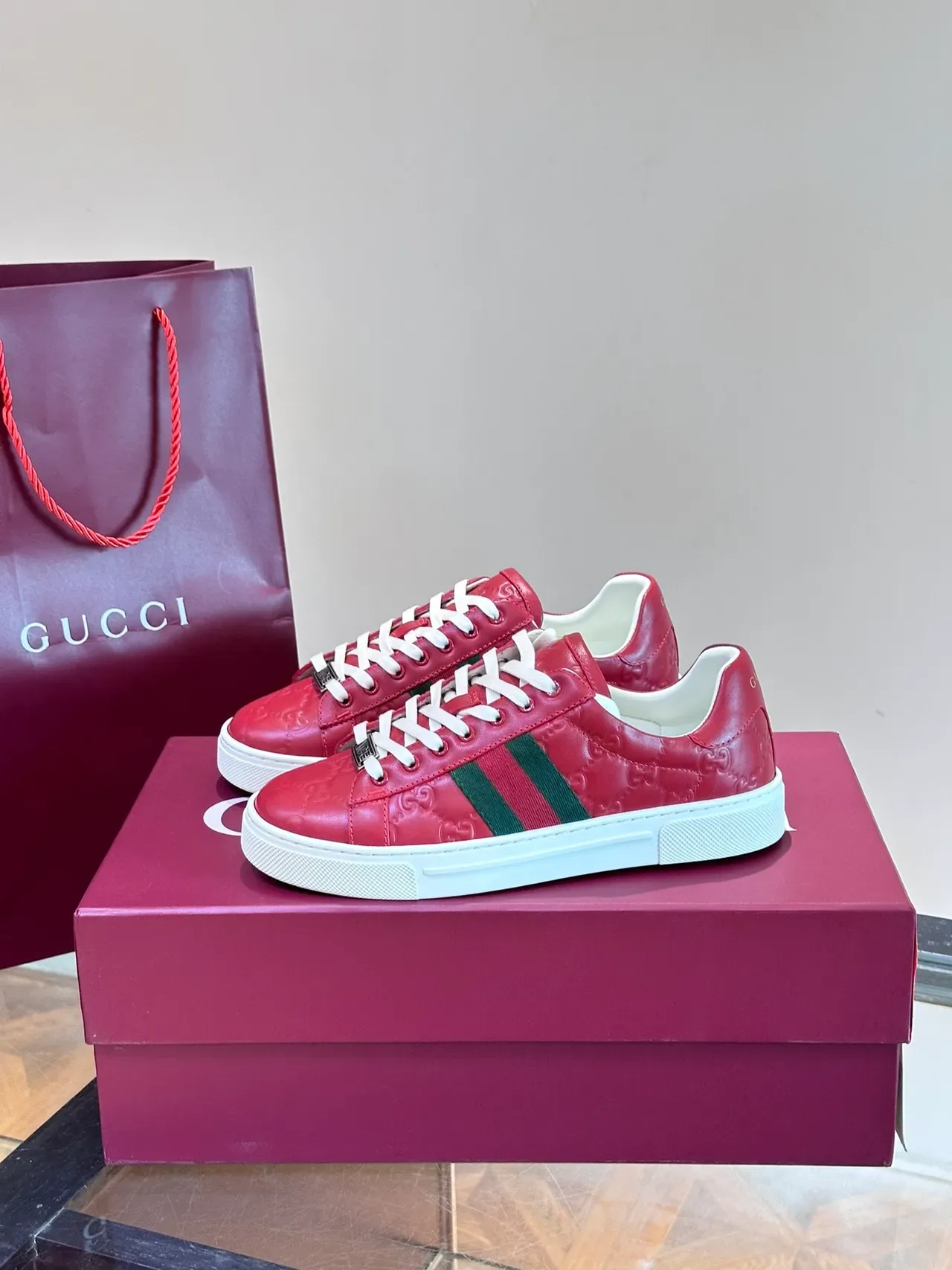 Gucci Ace Red Leather Web Stripe Lifestyle Sneakers 5