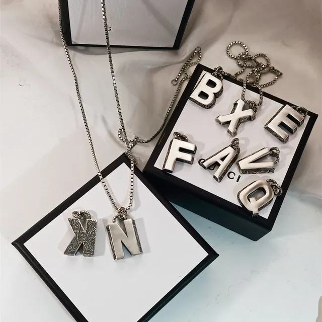 Gucci Alphabet Collection Silver Black Chain Ornate Engraved Pendant Necklace 3