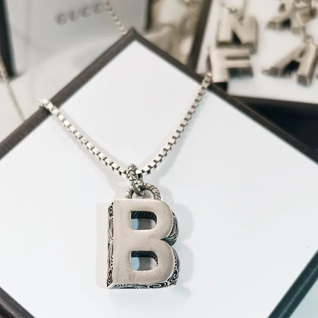 Gucci Alphabet Collection Silver Black Chain Ornate Engraved Pendant Necklace 5
