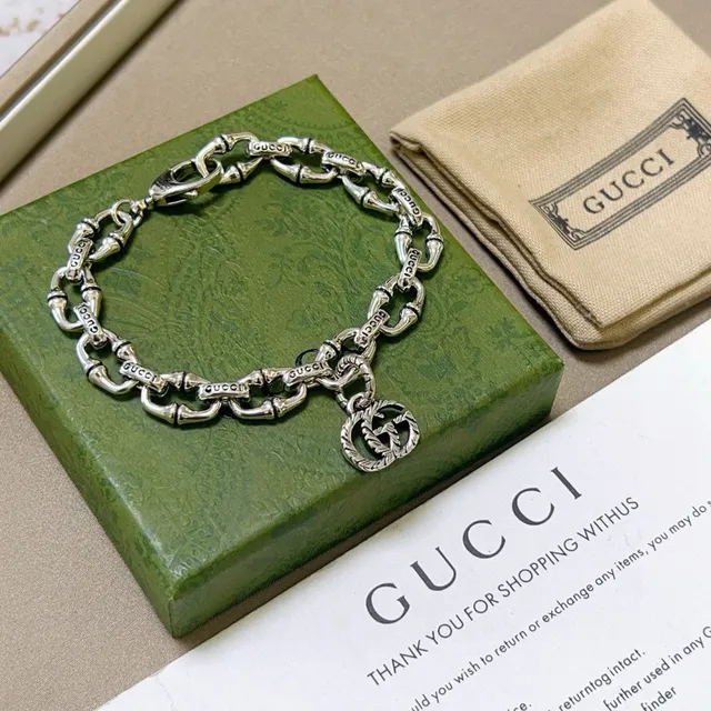 Gucci Bamboo Silver Green Chain Engraved Brand Links Bracelet 2