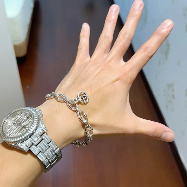 Gucci Bamboo Silver Green Chain Engraved Brand Links Bracelet 5