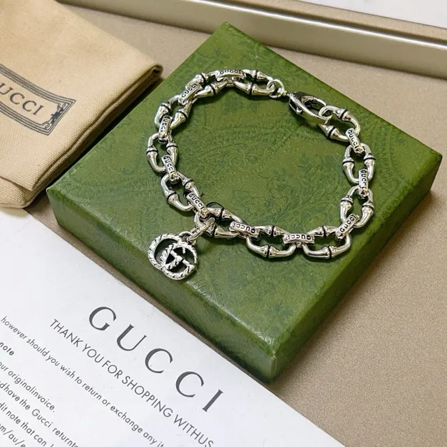 Gucci Bamboo Silver Green Chain Engraved Brand Links Bracelet 6