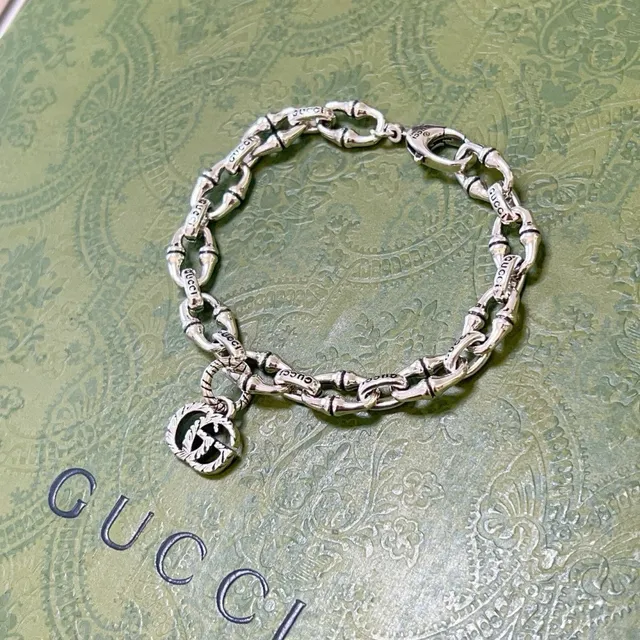 Gucci Bamboo Silver Green Chain Engraved Brand Links Bracelet 8
