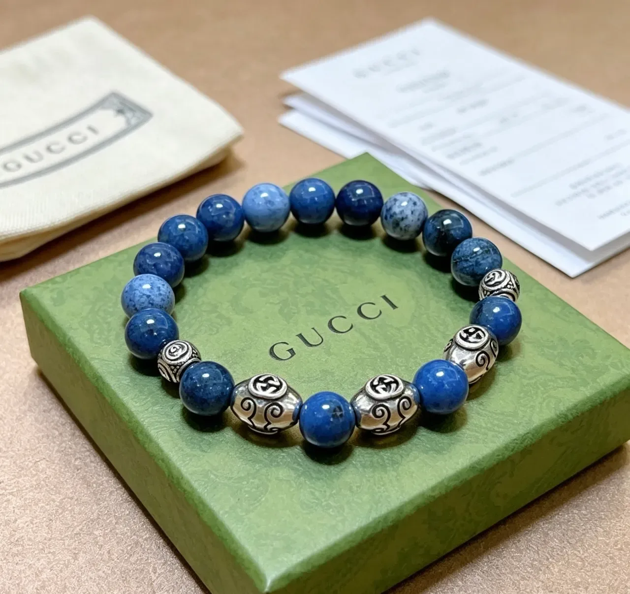 Gucci Beaded Stone and Interlocking G Charm Bracelet 4