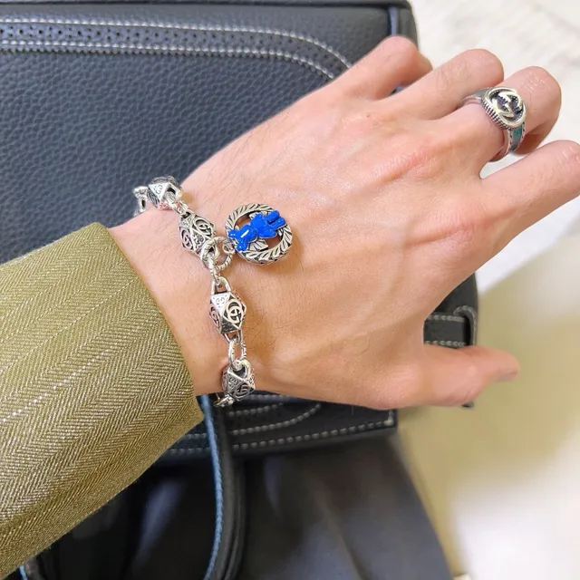 Gucci Bear Charm Silver Blue Interlocking GG Monogram Links Octagonal Faceted Bracelet 2