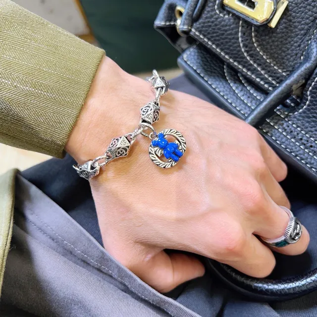 Gucci Bear Charm Silver Blue Interlocking GG Monogram Links Octagonal Faceted Bracelet 5