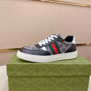 Gucci بيج أسود GG Monogram Canvas Leather Overlays Lifestyle Sneakers