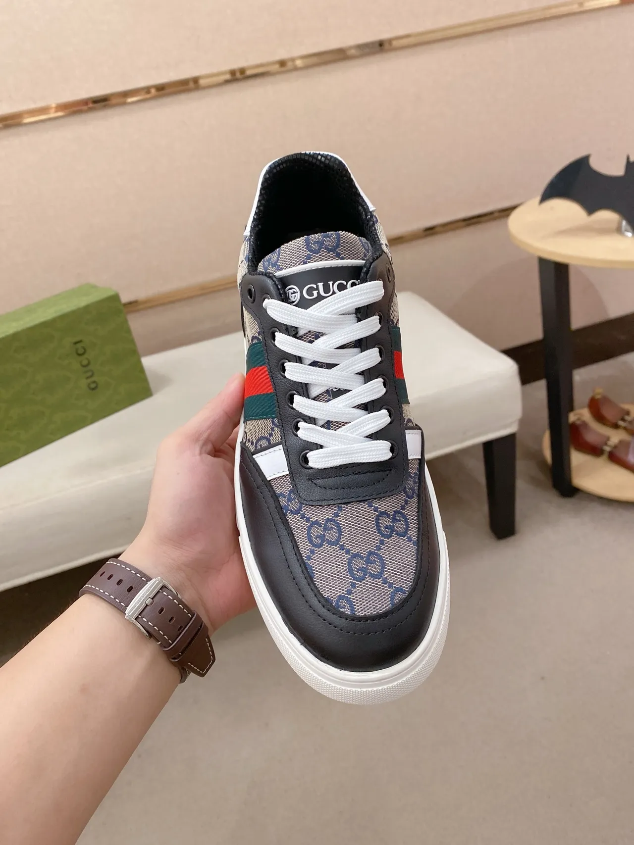 Gucci Beige Black GG Monogram Canvas Leather Overlays Lifestyle Sneakers 5