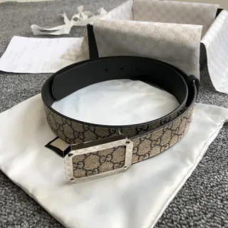 Gucci Beige Black Monogram Canvas Trim Leather Belt