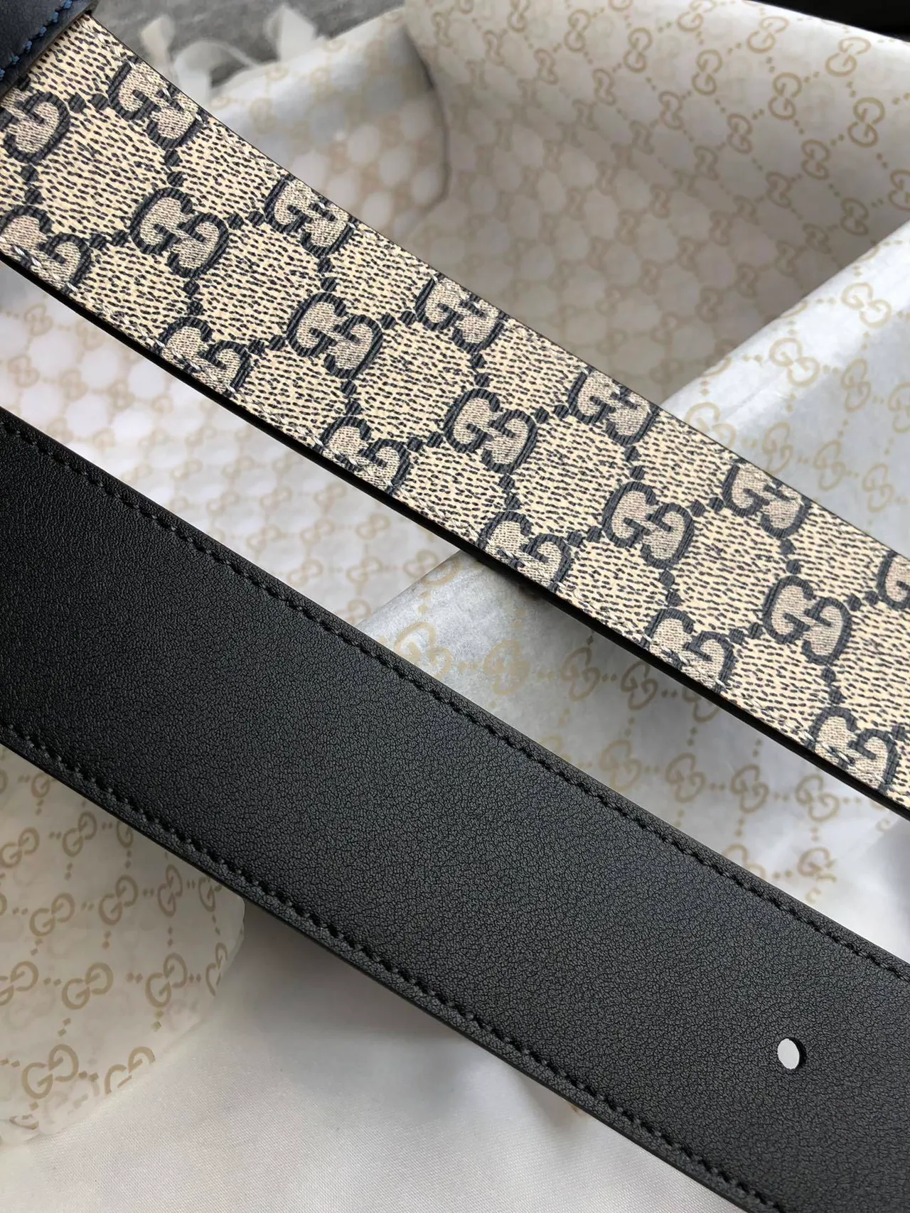 Gucci Beige Black Monogram Canvas Trim Leather Belt 2