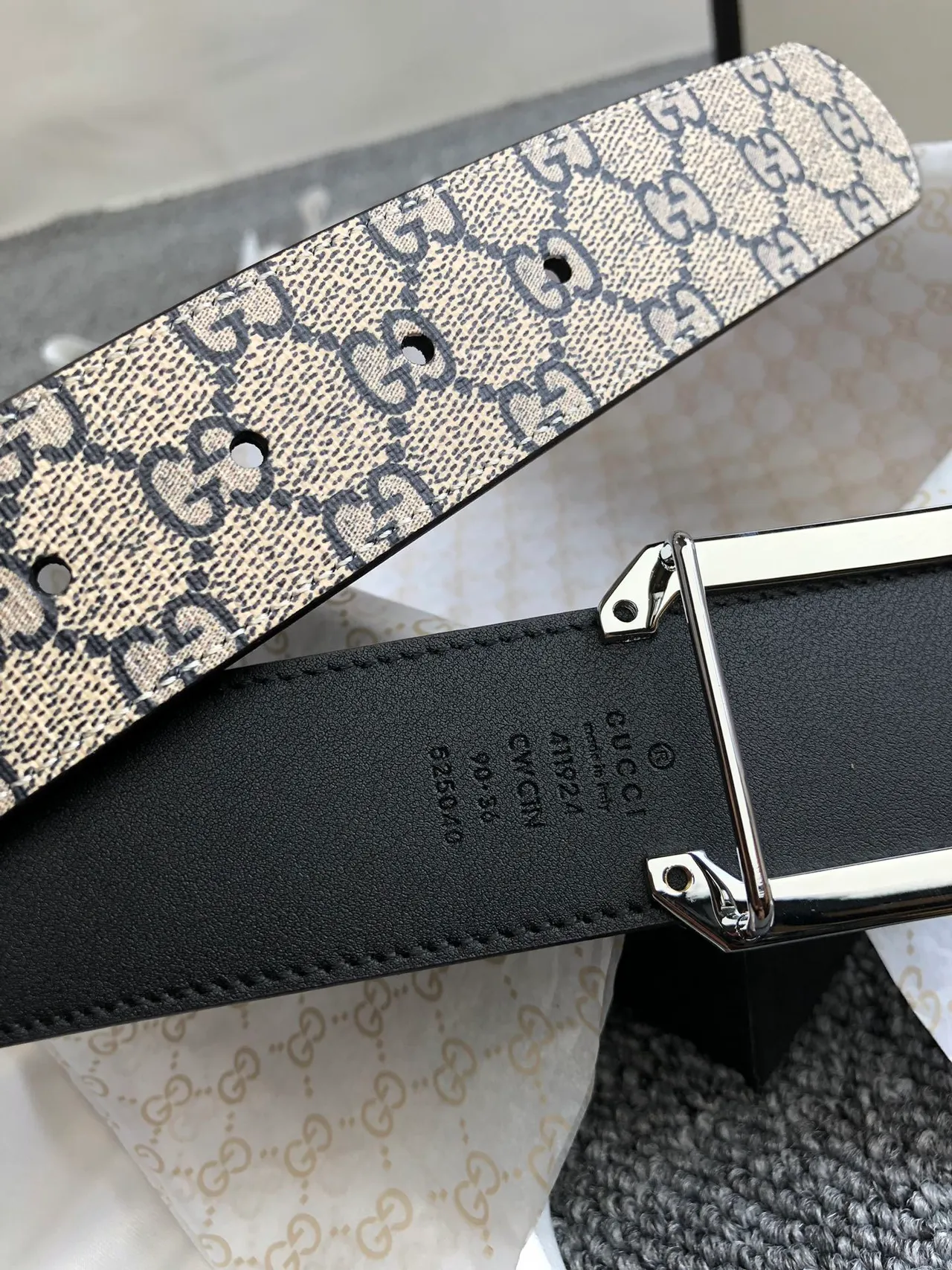 Gucci Beige Black Monogram Canvas Trim Leather Belt 3