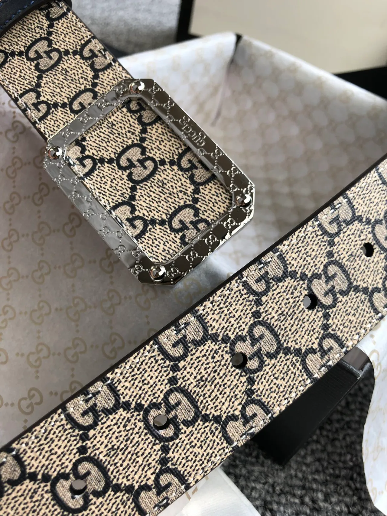 Gucci Beige Black Monogram Canvas Trim Leather Belt 5