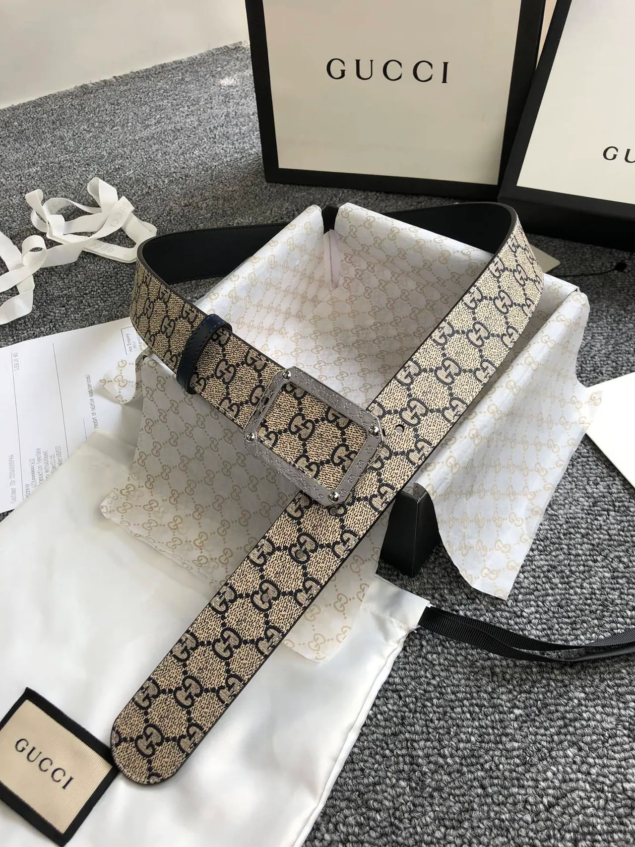 Gucci Beige Black Monogram Canvas Trim Leather Belt 6
