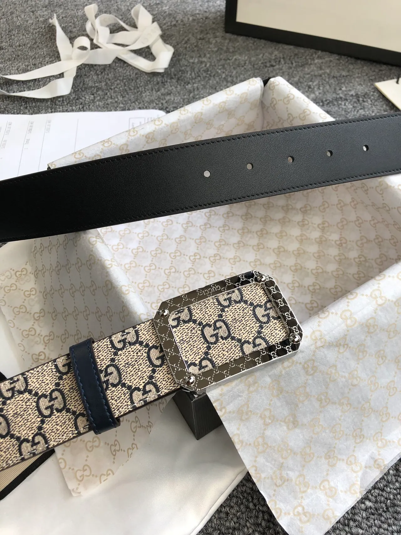Gucci Beige Black Monogram Canvas Trim Leather Belt 7