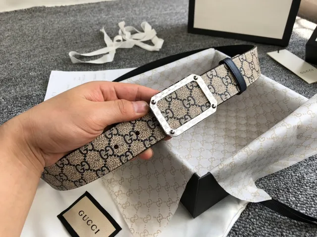 Gucci Beige Black Monogram Canvas Trim Leather Belt 8