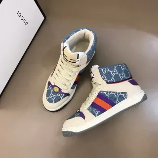 Gucci Beige Blue High-Top GG Monogram Textile Lifestyle Sneakers