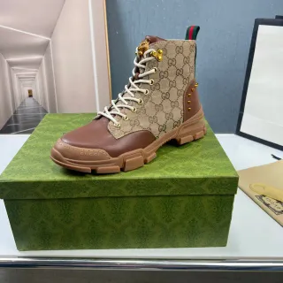 Gucci Beige Brown GG Monogram Canvas Leather Accents Work Boots