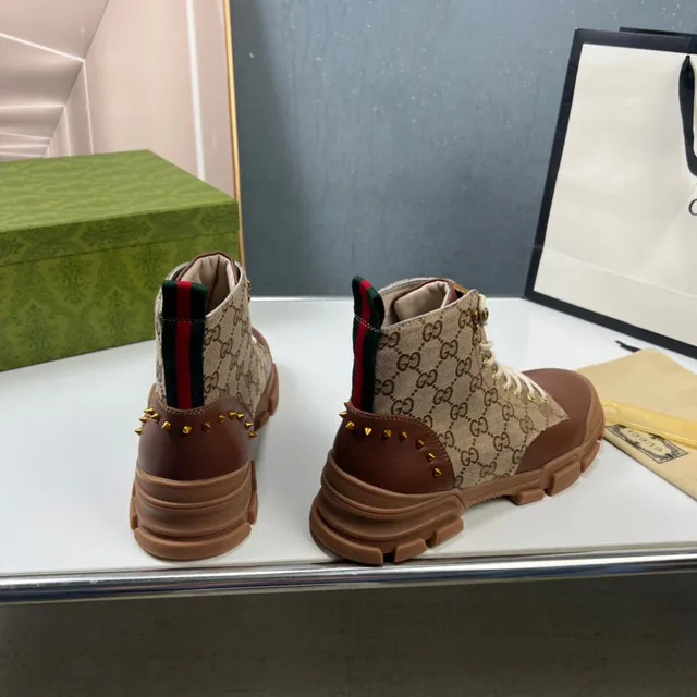Gucci Bottes de travail GG Monogram toile beige marron avec accents en cuir 6