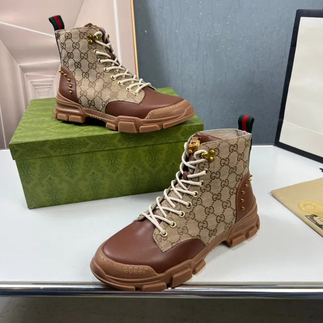 Gucci Bottes de travail GG Monogram toile beige marron avec accents en cuir 7