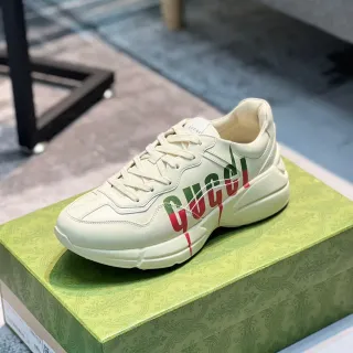 Gucci Beige Green Leather Upper Oversized Side Logo Chunky Sneakers