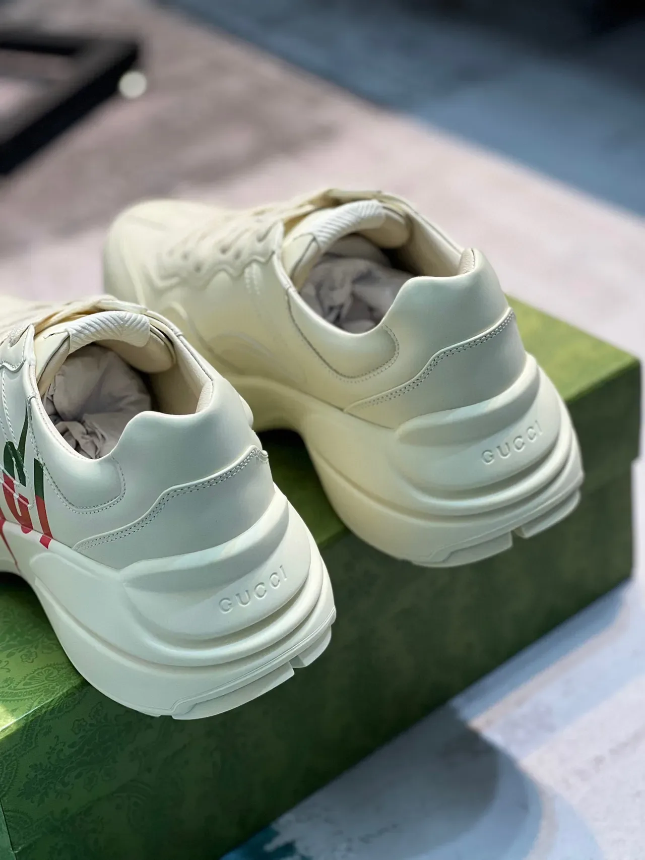 Gucci Beige Green Leather Upper Oversized Side Logo Chunky Sneakers 2