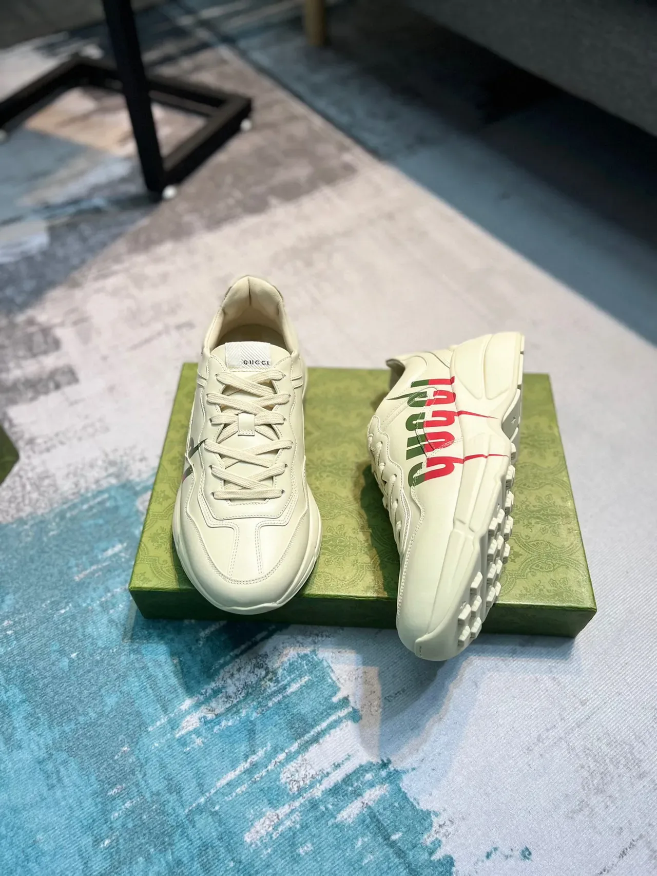 Gucci Beige Green Leather Upper Oversized Side Logo Chunky Sneakers 4