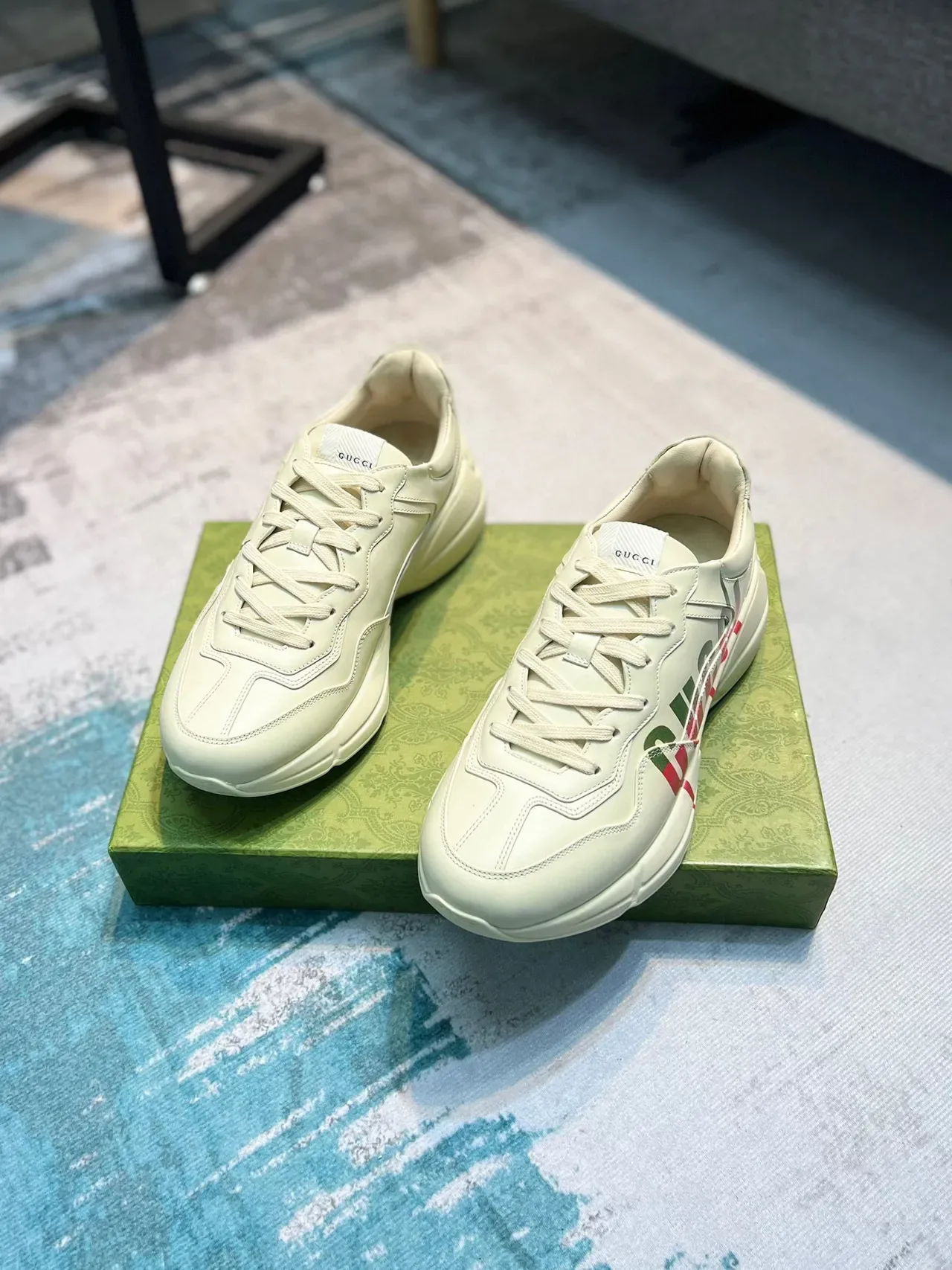 Gucci Beige Green Leather Upper Oversized Side Logo Chunky Sneakers 5