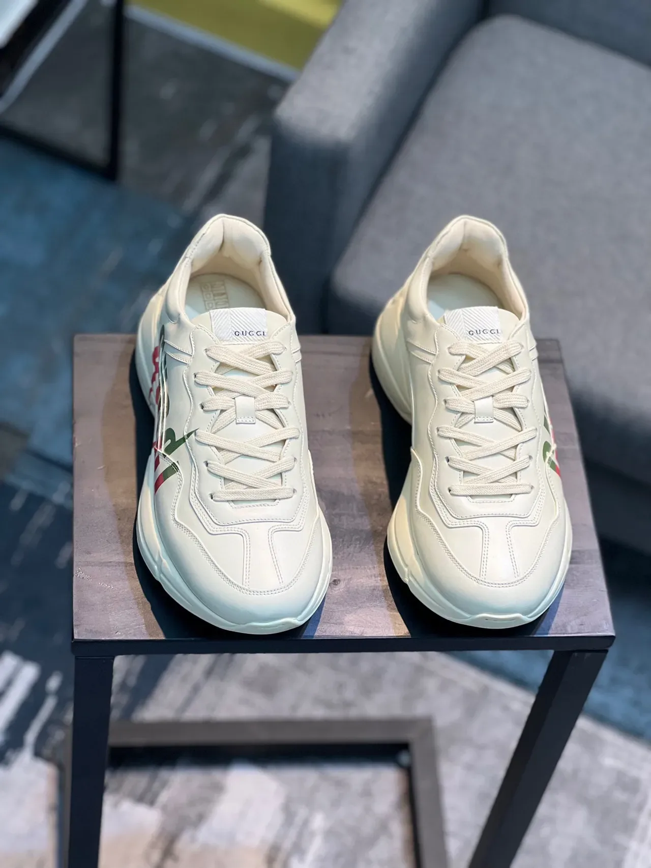 Gucci Beige Green Leather Upper Oversized Side Logo Chunky Sneakers 6