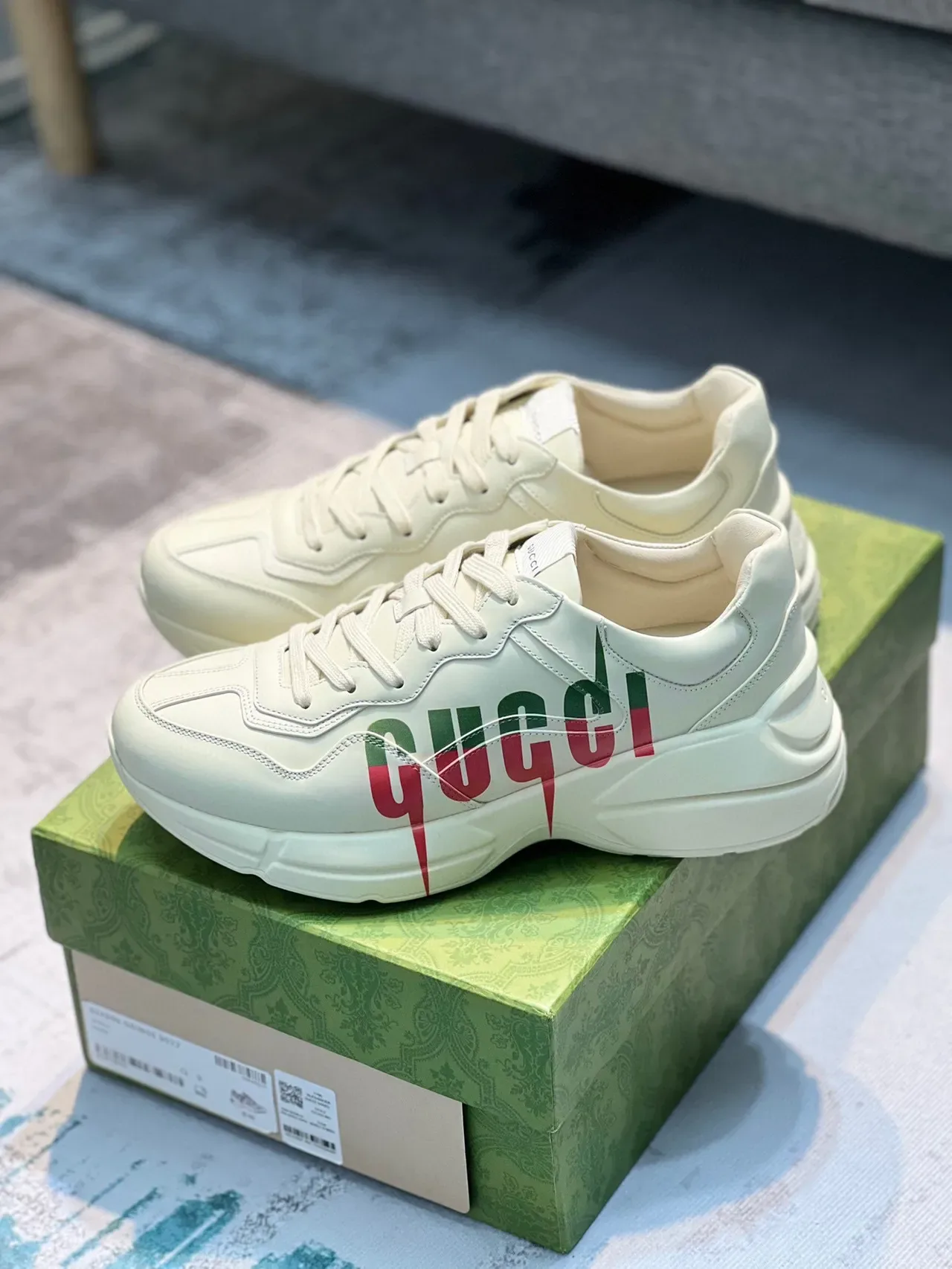 Gucci Beige Green Leather Upper Oversized Side Logo Chunky Sneakers 7