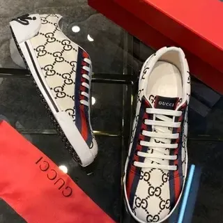 Gucci Beige Red GG Monogram Canvas Upper Web Stripe Lifestyle Sneakers