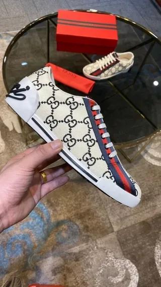 Gucci Beige Red GG Monogram Canvas Upper Web Stripe Lifestyle Sneakers 3