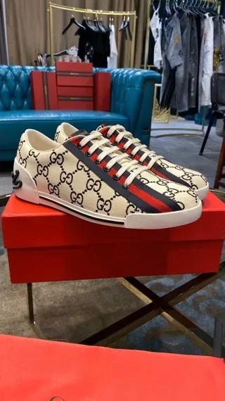 Gucci Beige Red GG Monogram Canvas Upper Web Stripe Lifestyle Sneakers 6