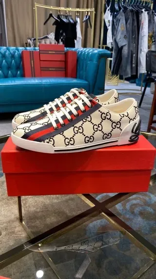 Gucci Beige Red GG Monogram Canvas Upper Web Stripe Lifestyle Sneakers 7