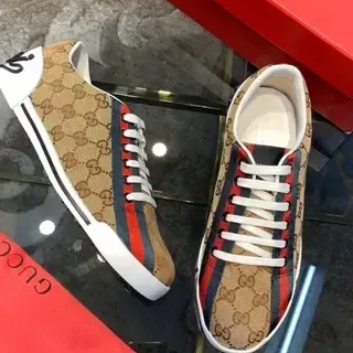 Gucci Beige Red GG Monogram Canvas Web Stripe Lifestyle Sneakers