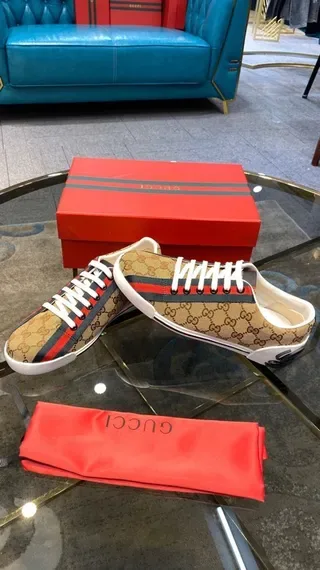 Gucci Beige Red GG Monogram Canvas Web Stripe Lifestyle Sneakers 2