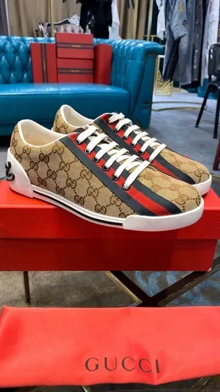 Gucci Beige Red GG Monogram Canvas Web Stripe Lifestyle Sneakers 3