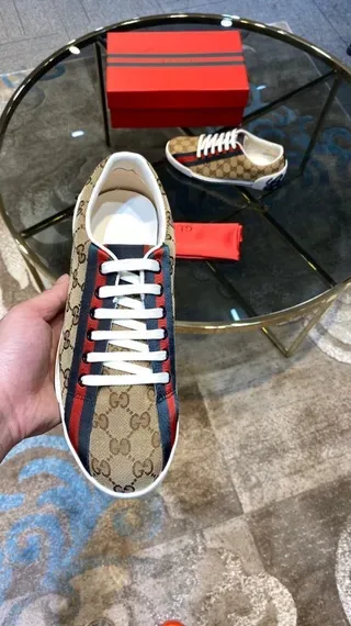Gucci Beige Red GG Monogram Canvas Web Stripe Lifestyle Sneakers 4