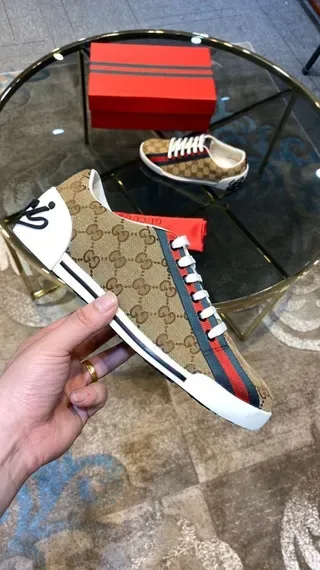 Gucci Beige Red GG Monogram Canvas Web Stripe Lifestyle Sneakers 6