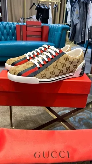 Gucci Beige Red GG Monogram Canvas Web Stripe Lifestyle Sneakers 7