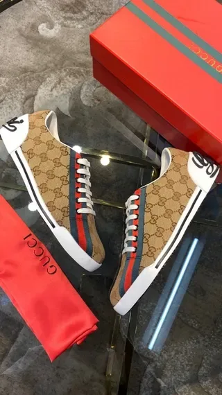 Gucci Beige Red GG Monogram Canvas Web Stripe Lifestyle Sneakers 9