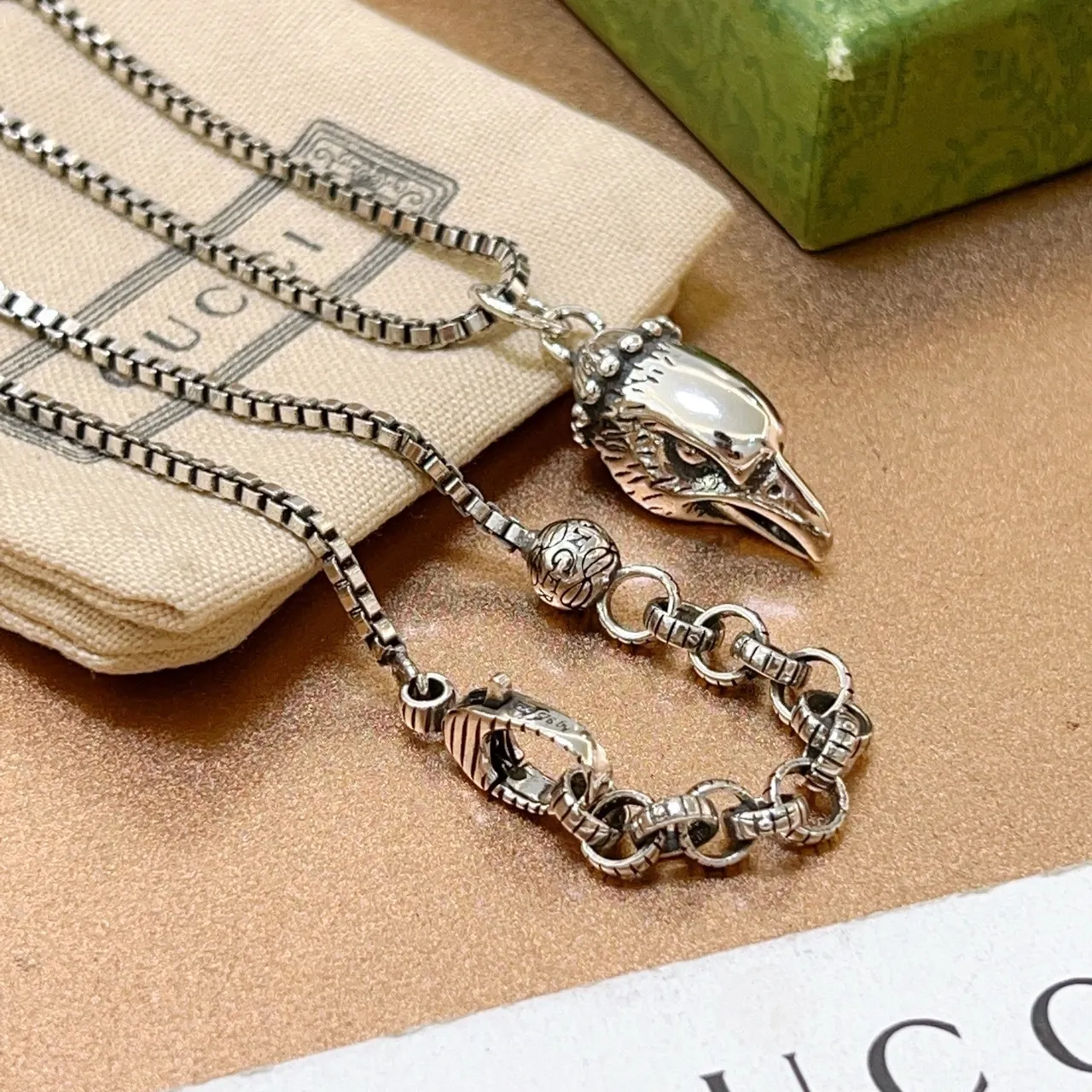 Gucci Bird Head Pendant Box-Link Chain Necklace 8